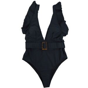 Elegant Black Belted Women's One-Piece Swimsuit